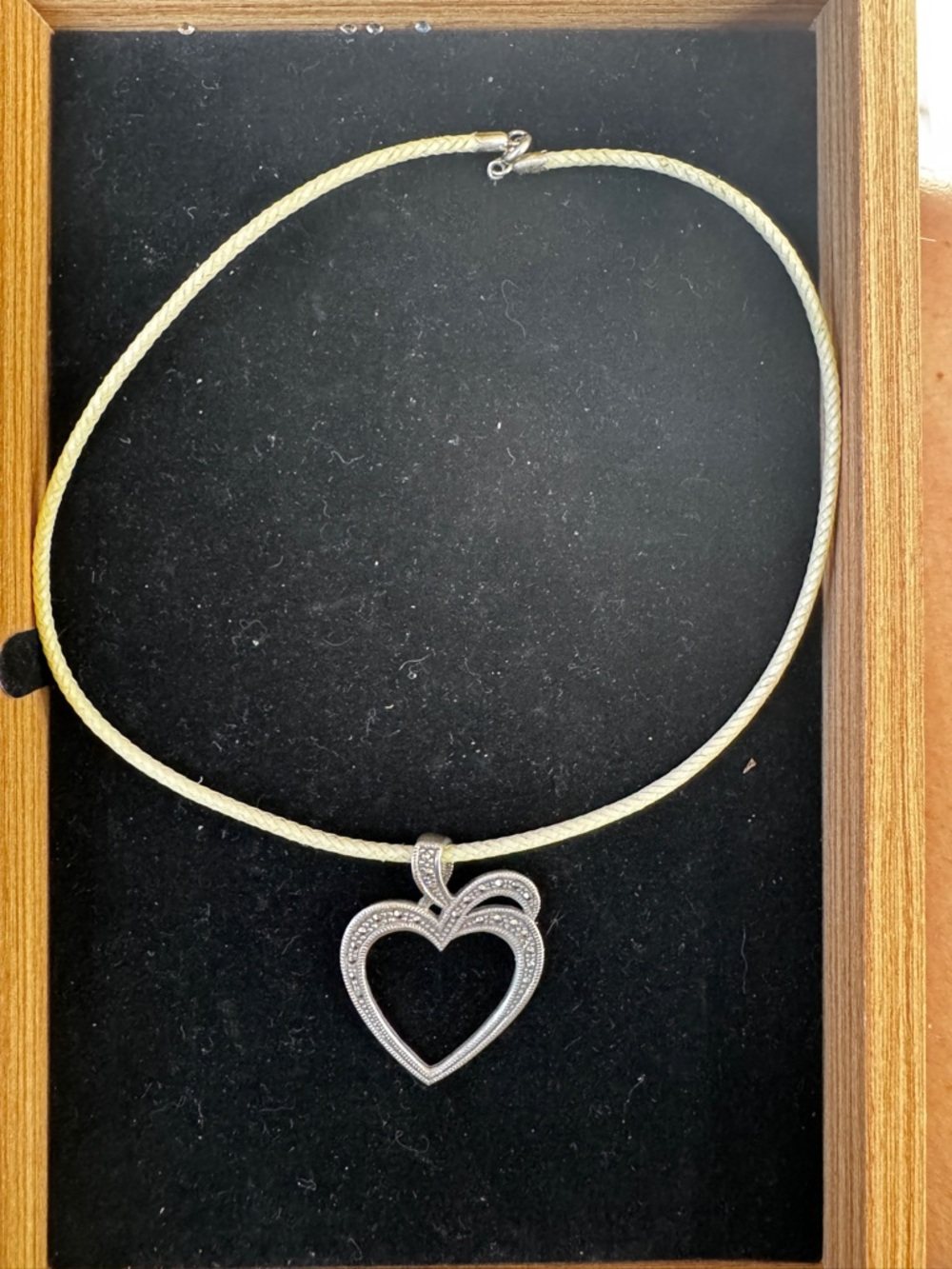 Sterling Silver 925 Marcasite Open Heart Necklace on Waxed Silk Cord Y2K